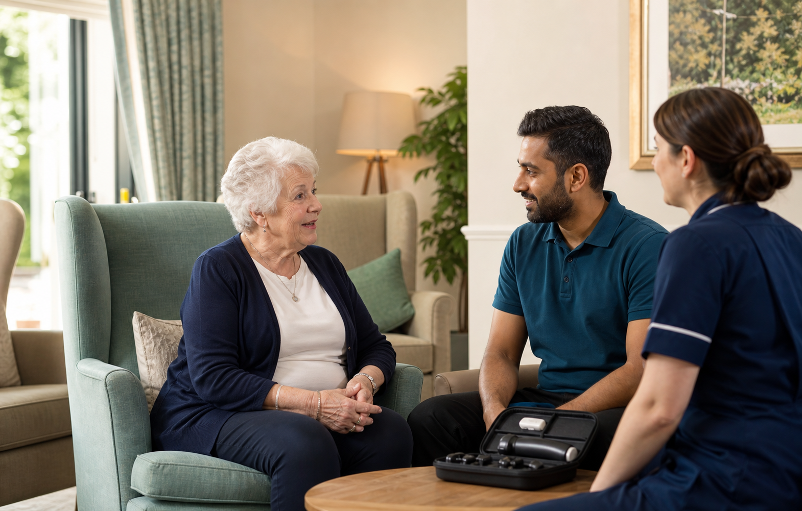 Hearing care professional speaking with a resident during a care-home earwax-removal visit