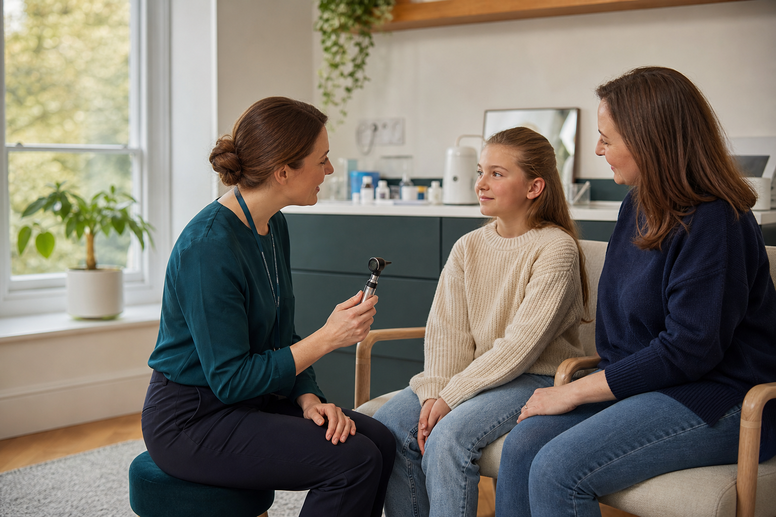 Hearing care professional speaking with a child and parent before an ear examination