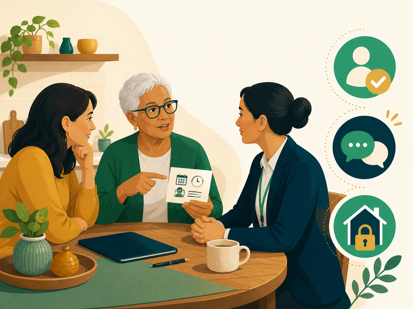 Older adult at the centre of an appointment conversation with a relative and hearing professional