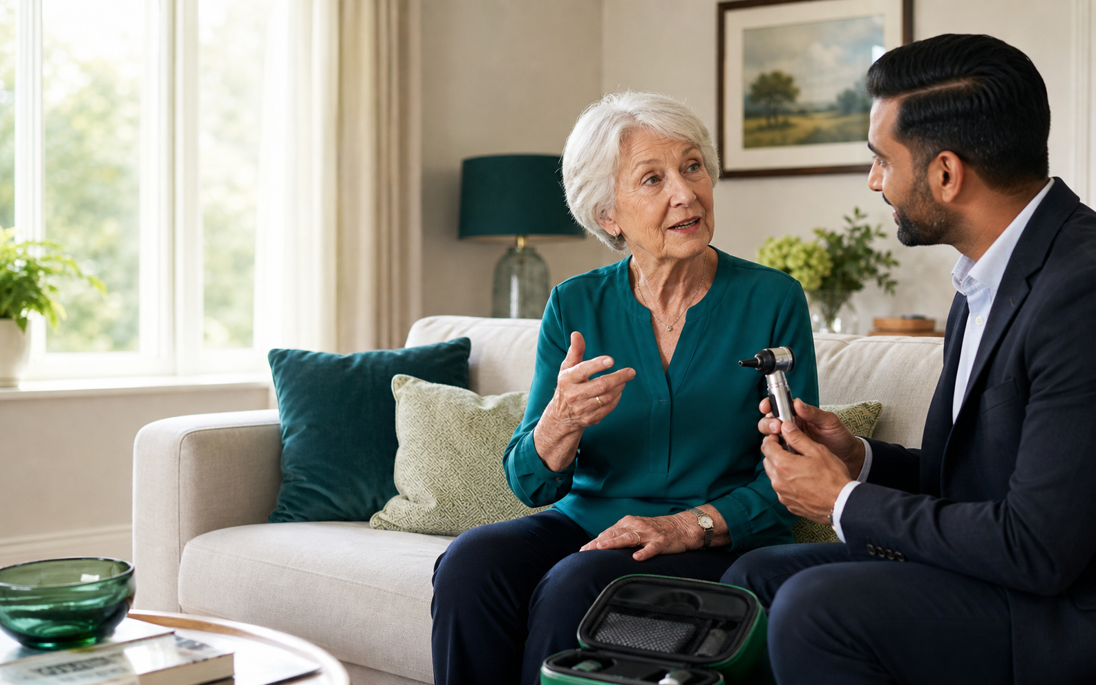 Older adult speaking with a hearing care professional during a home earwax-removal visit